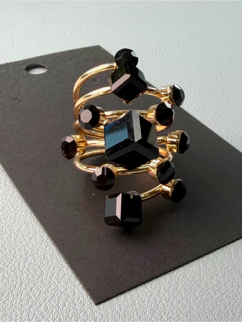 Gold-Tone Multi-Row Black Crystal Ring